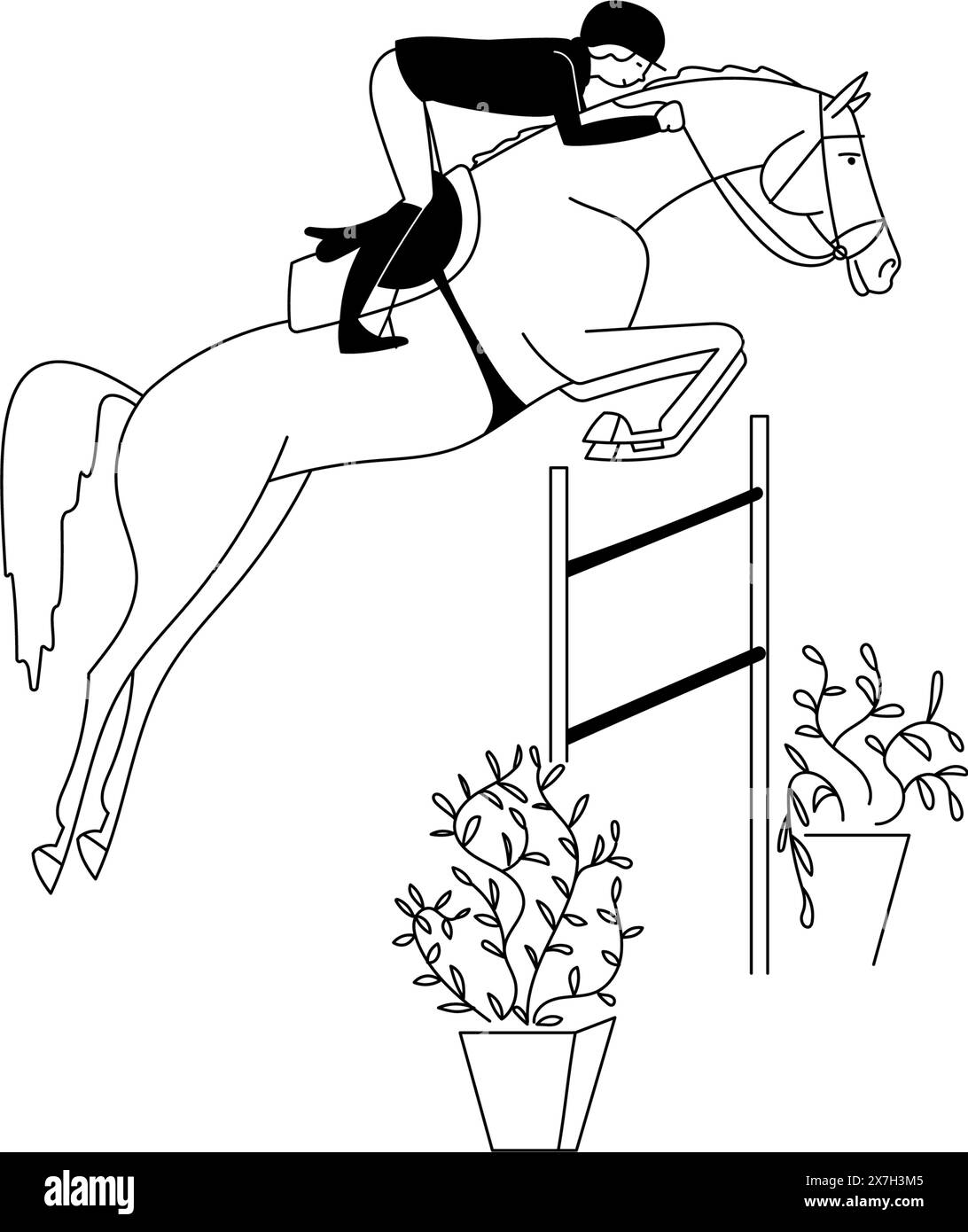 Illustrazione a doodle in bianco e nero, sport equestre, cavaliere e cavallo saltano sopra un ostacolo Illustrazione Vettoriale