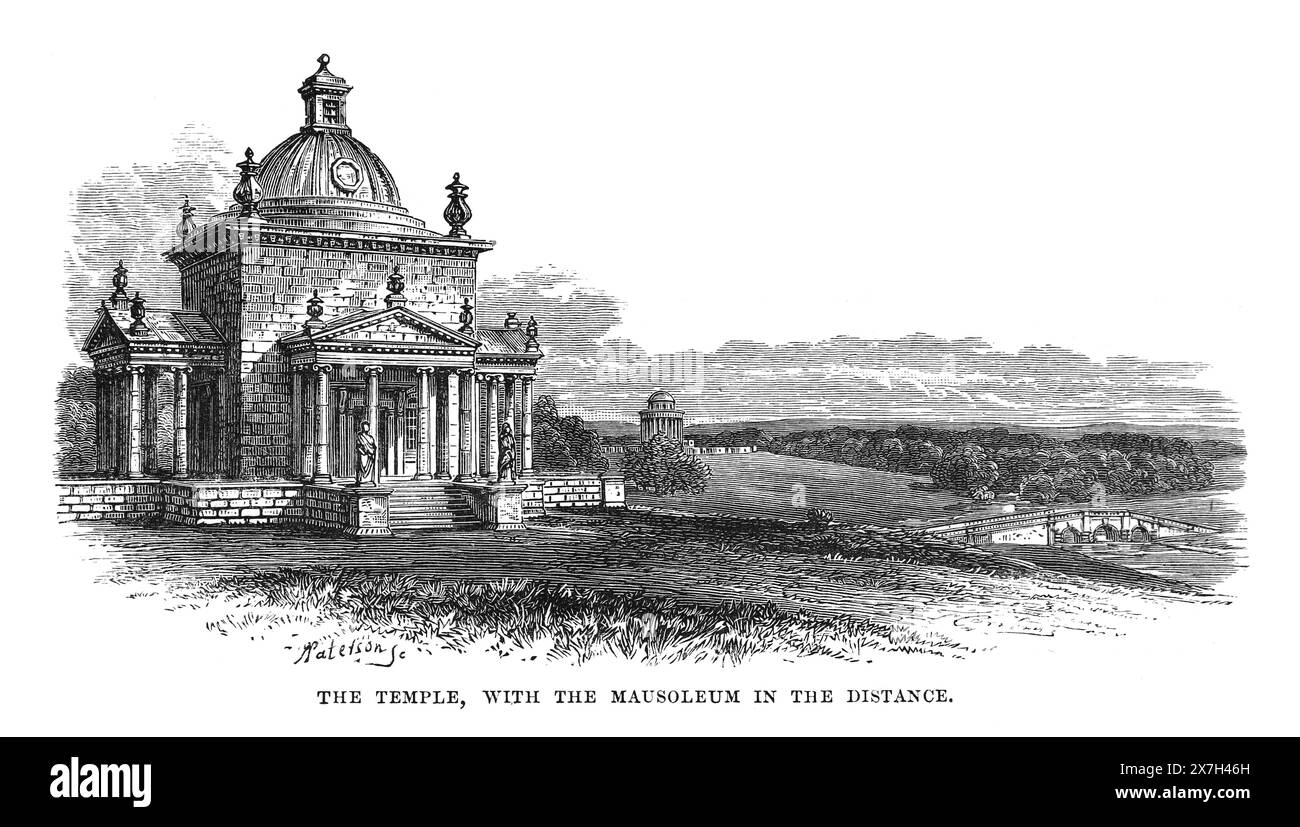 Castle Howard, North Yorkshire, Inghilterra. Il Tempio con il Mausoleo in lontananza alla fine del XIX secolo. Il tempio fu progettato dall'architetto Sir John Vanbrugh (1664-1726) e il mausoleo da Nicholas Hawksmoor. Black and White Illustration from Our Own Country Vol III pubblicato da Cassell, Petter, Galpin & Co. Alla fine del XIX secolo. Foto Stock