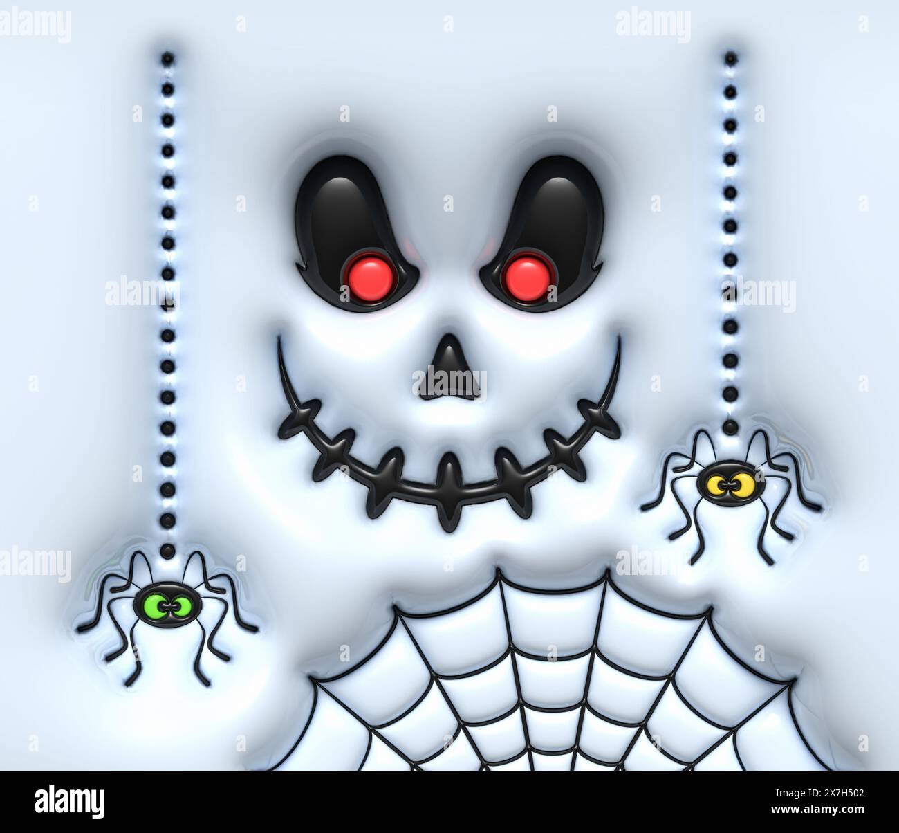 Divertente fantasma di Halloween con i ragni. Illustrazione gonfiata in 3D Puffy. Foto Stock