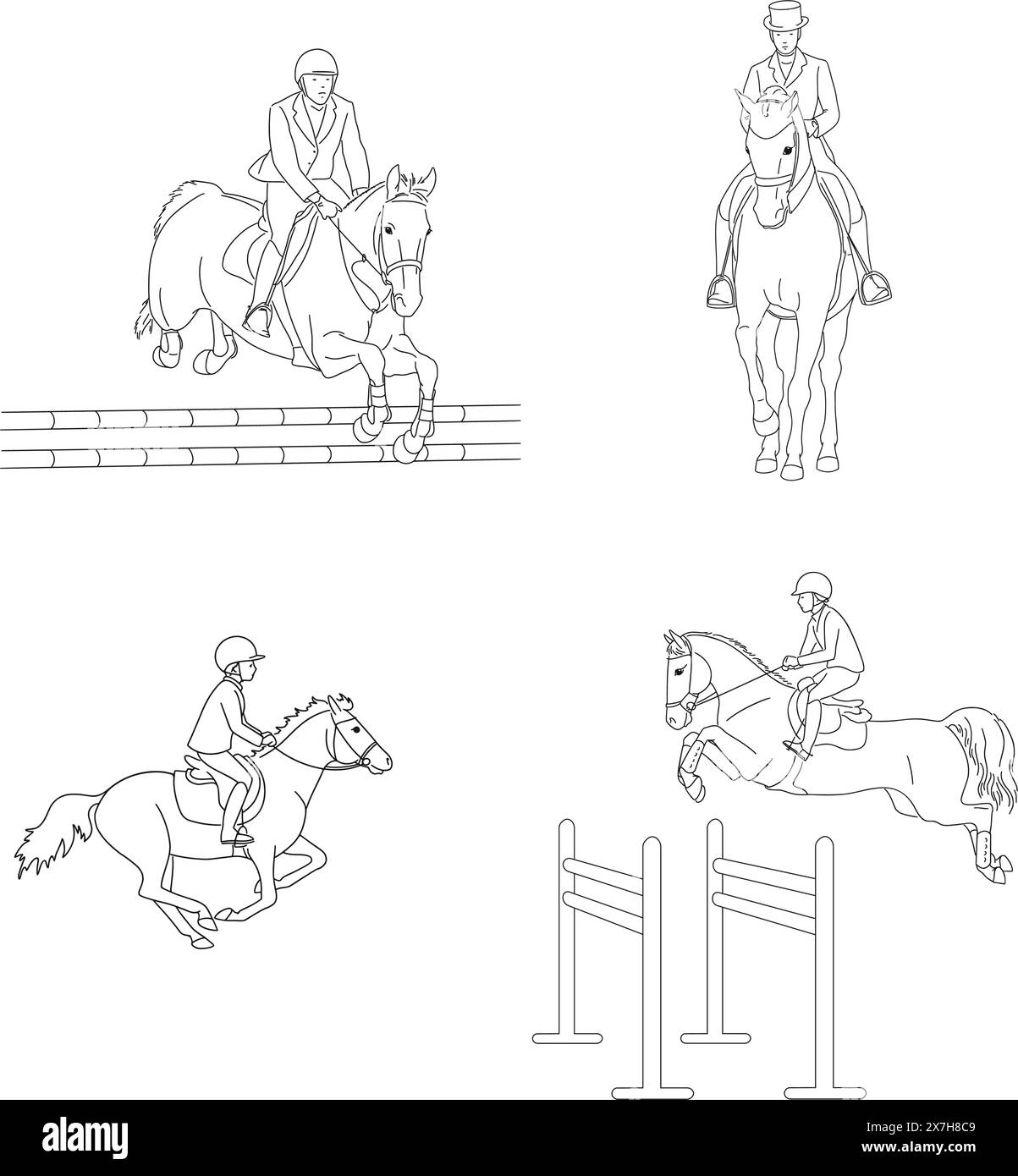 Immagini lineari per libri da colorare e sport equestri Illustrazione Vettoriale