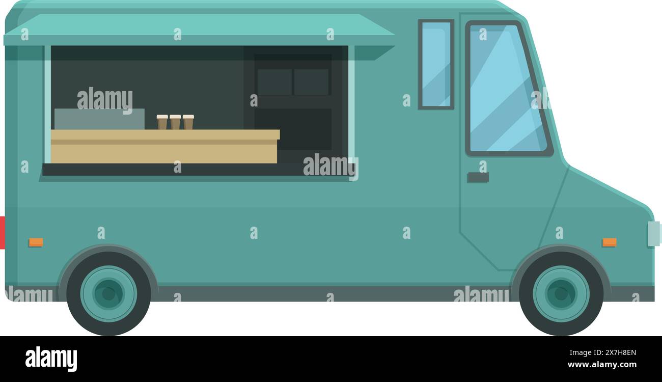 Illustrazione vettoriale dal design piatto di un carrello alimentare turchese con finestra di servizio Illustrazione Vettoriale