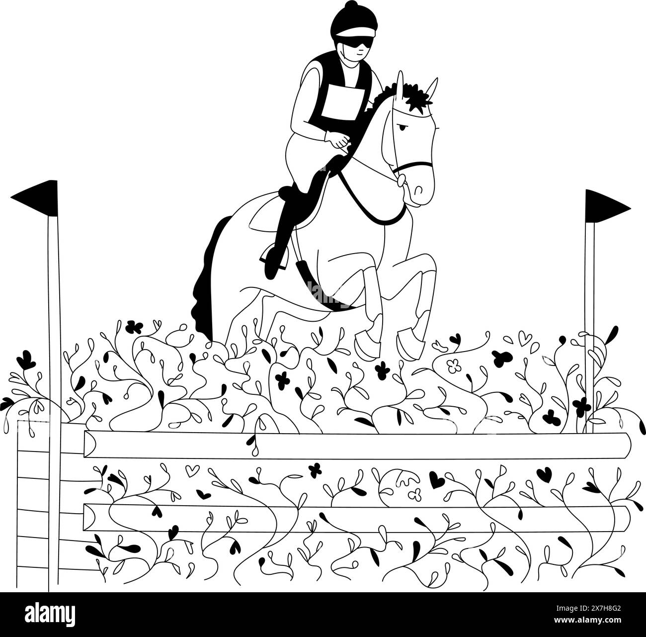 Rider che salta sul suo cavallo oltre la barriera Illustrazione Vettoriale