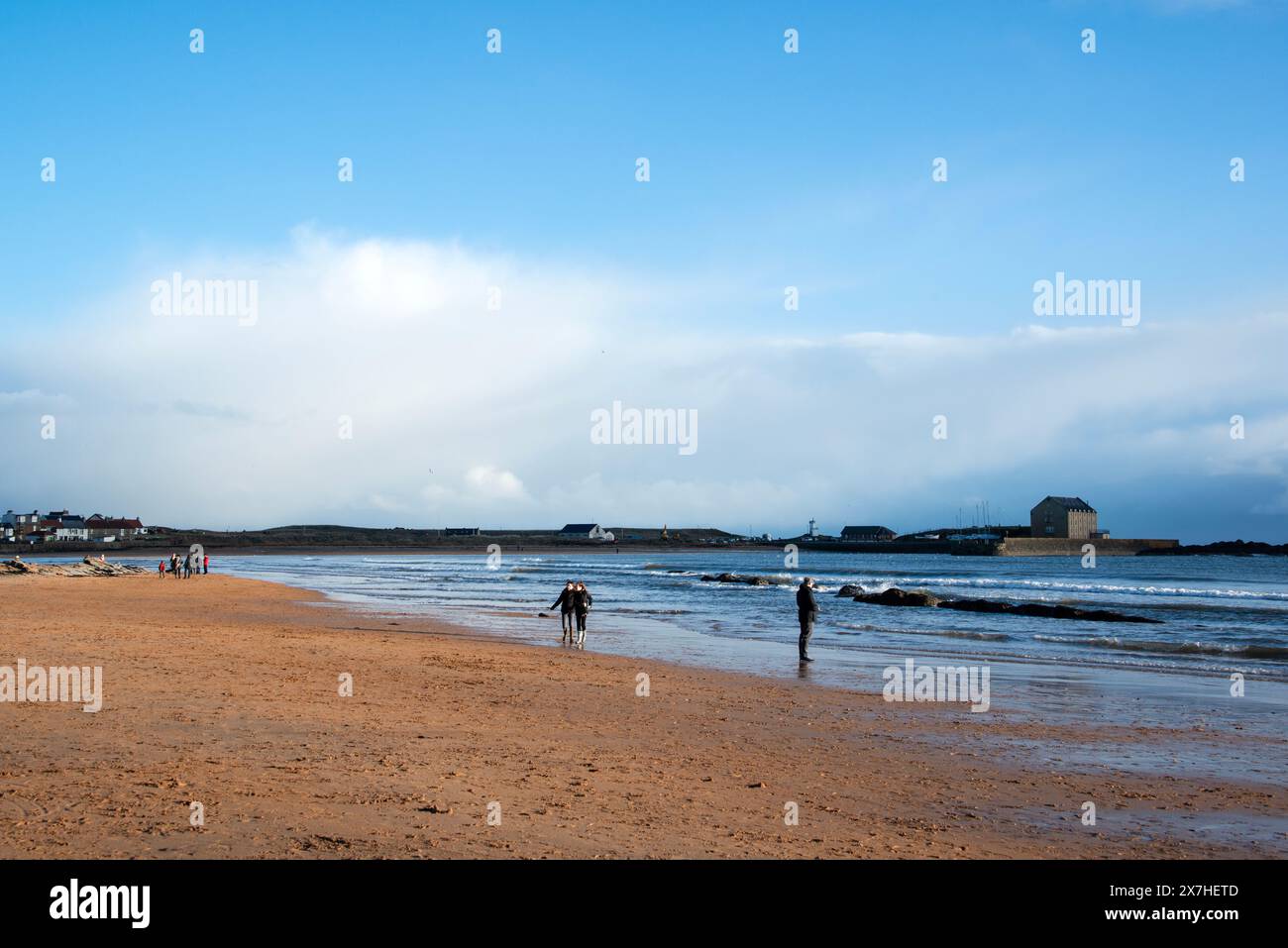 Gente che si godeva una passeggiata sulla spiaggia di Elie in inverno pomeriggio Foto Stock