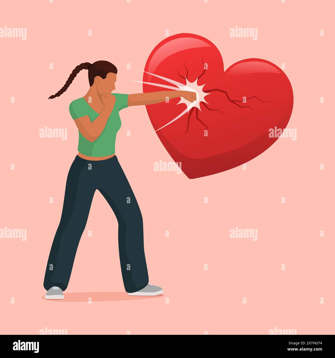 Donna forte e arrabbiata che pugni un concetto di cuore, relazioni e sentimenti Illustrazione Vettoriale