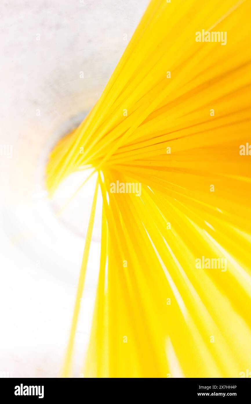 Un mazzo di spaghetti gialli luminosi disposti in vetro su una superficie bianca pulita, vista dall'alto Foto Stock