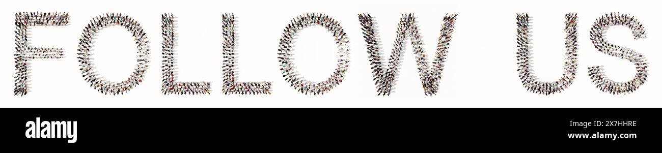 Concetto concettuale grande comunità di persone che si formano SEGUONO il messaggio degli Stati Uniti. metafora dell'illustrazione 3d per social media, marketing, business, comunicazione Foto Stock