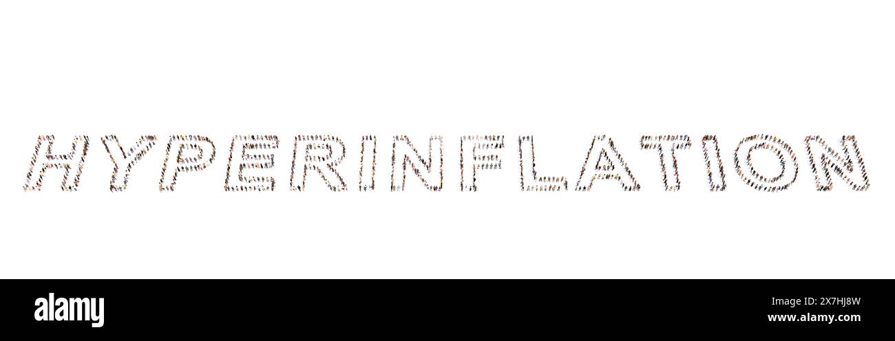 La comunità concettuale delle persone che formano la parola IPERINFLAZIONE. 3d metafora illustrativa per un rapido e severo picco dei prezzi, il valore della valuta Foto Stock