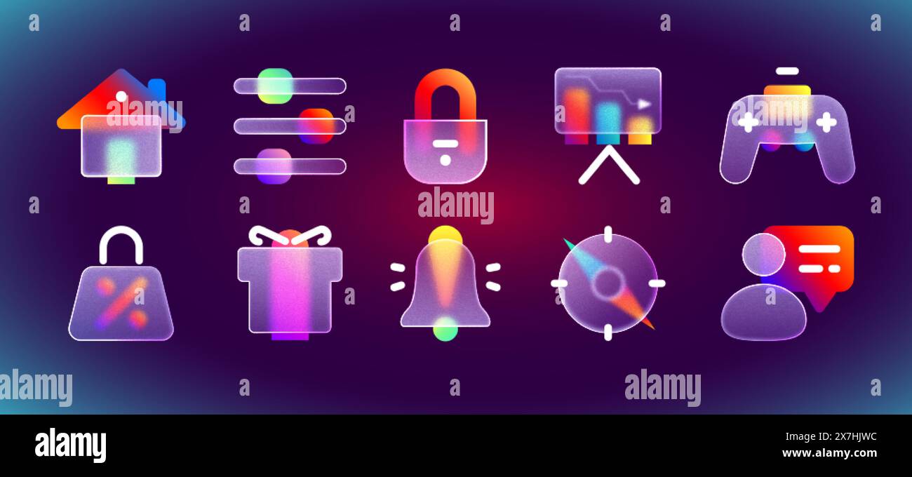 Icone ui morfismo in vetro smerigliato trasparente con gradiente al neon viola. Pulsanti di sfocatura opaca realistica con effetto glassmorfismo per l'interfaccia. Notifica vettoriale, confezione regalo, shopping bag, gamepad, blocco. Illustrazione Vettoriale
