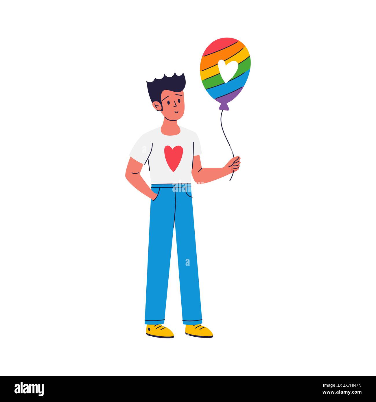 Un giovane sta tenendo in mano un palloncino color arcobaleno. Concetto per il mese dell'orgoglio. Illustrazione vettoriale isolata su sfondo bianco Illustrazione Vettoriale
