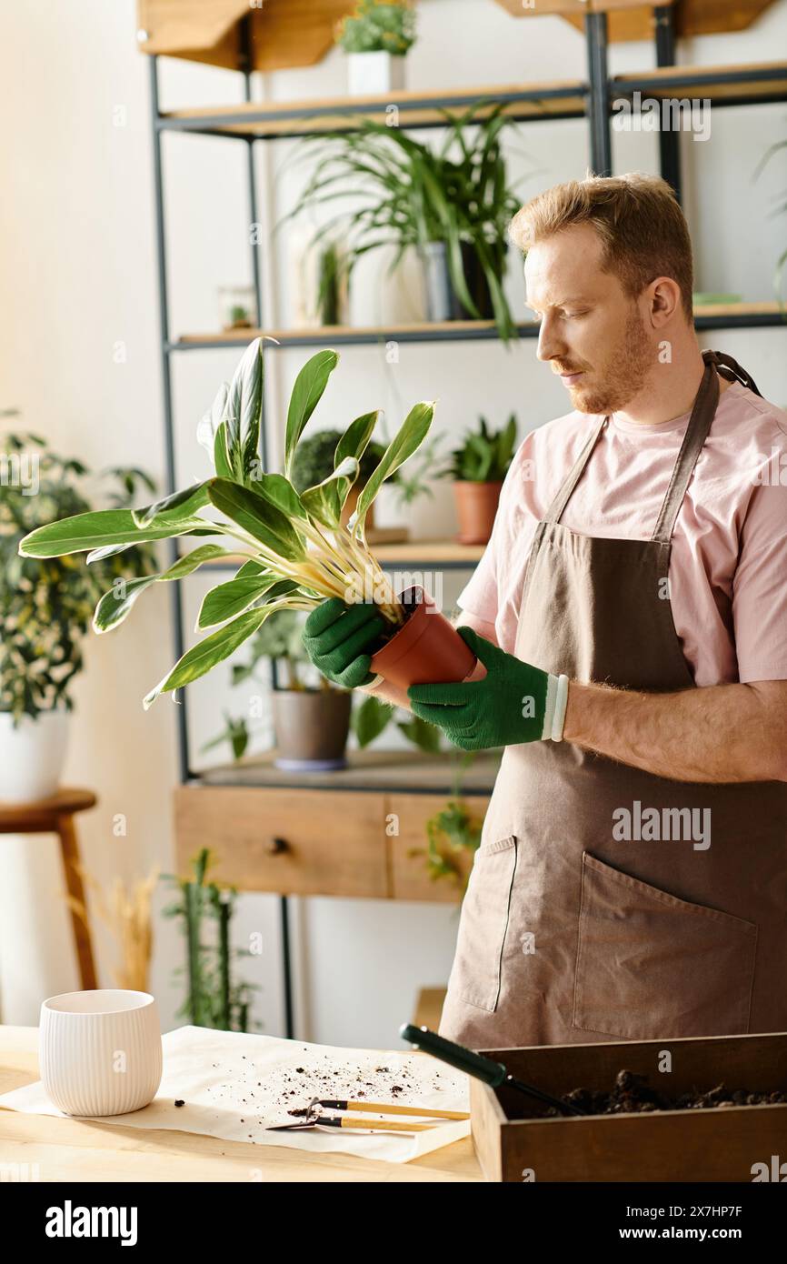 Un uomo in grembiule tiene delicatamente una pianta, incarnando l'essenza di un artigiano floreale. Foto Stock