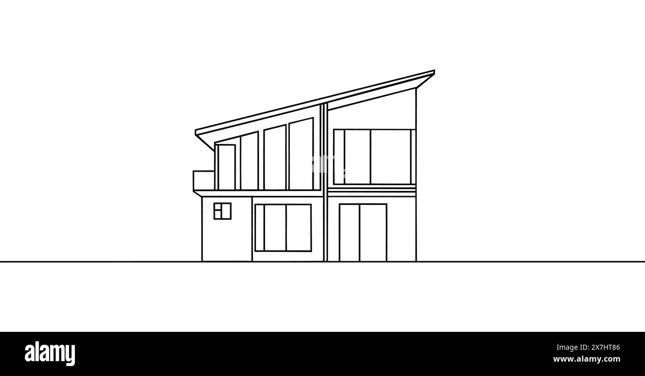 Casa moderna o edificio commerciale in stile disegno artistico a linea continua. L'architettura moderna è isolata su sfondo bianco. Illustrazione vettoriale Illustrazione Vettoriale