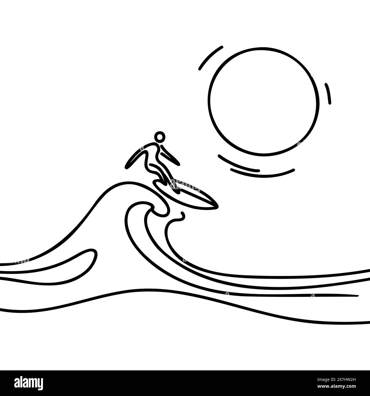 Linea singola continua che disegna il surfista in azione cavalcando le onde. Concetto di sport acquatici. Vacanze estive Illustrazione Vettoriale