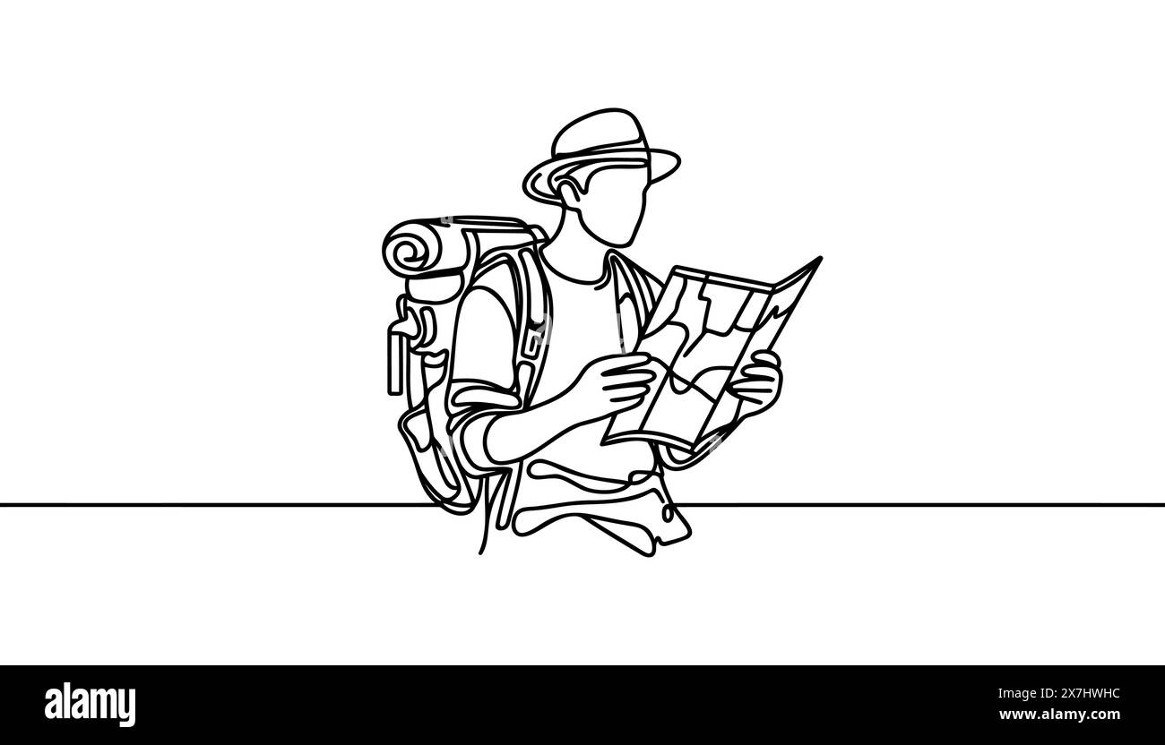 Disegno a una sola linea. Escursionista che guarda una mappa. Avventura su terreni montuosi. Escursioni, turismo avventura, viaggi. Illustrazione vettoriale. Illustrazione Vettoriale