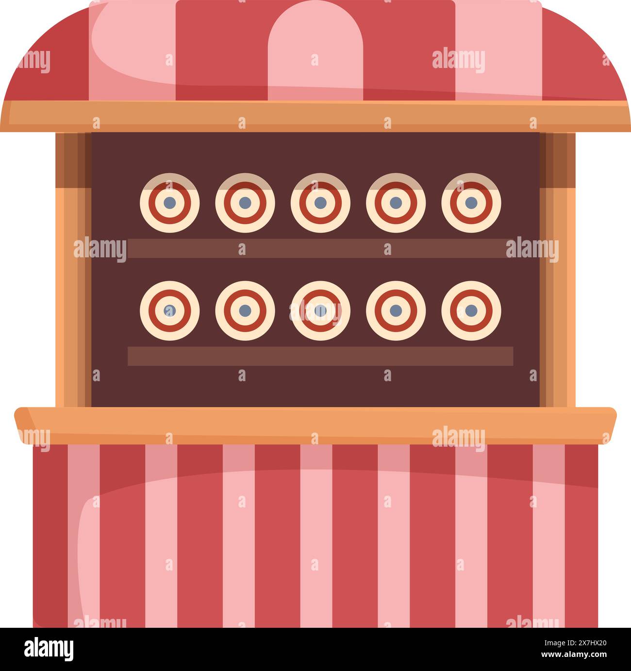 Illustrazione di un colorato supporto di ciambelle con una tenda a righe in un affascinante design piatto Illustrazione Vettoriale