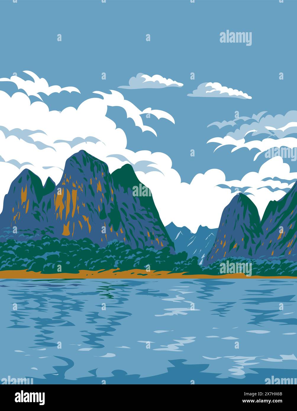 Poster art WPA del fiume li o li Jiang nel corso superiore del fiume Gui nel Guangxi nord-occidentale, Repubblica popolare cinese realizzato in un progetto di opere Illustrazione Vettoriale