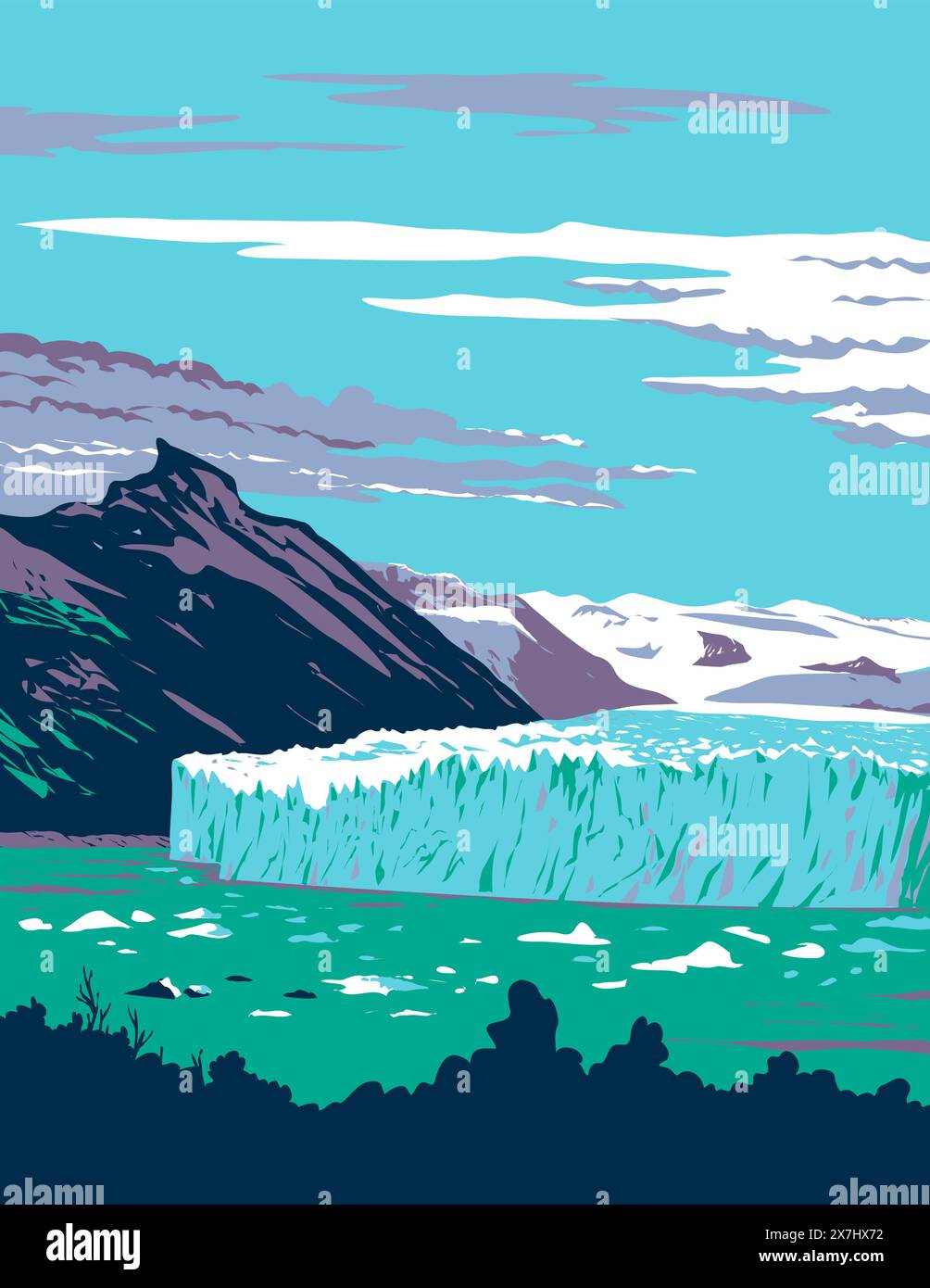 WPA poster art del ghiacciaio Perito Moreno situato nel Parco nazionale Los Glaciares nella provincia sud-occidentale di Santa Cruz, Argentina, gestito in lavori di amministrazione del progetto Illustrazione Vettoriale