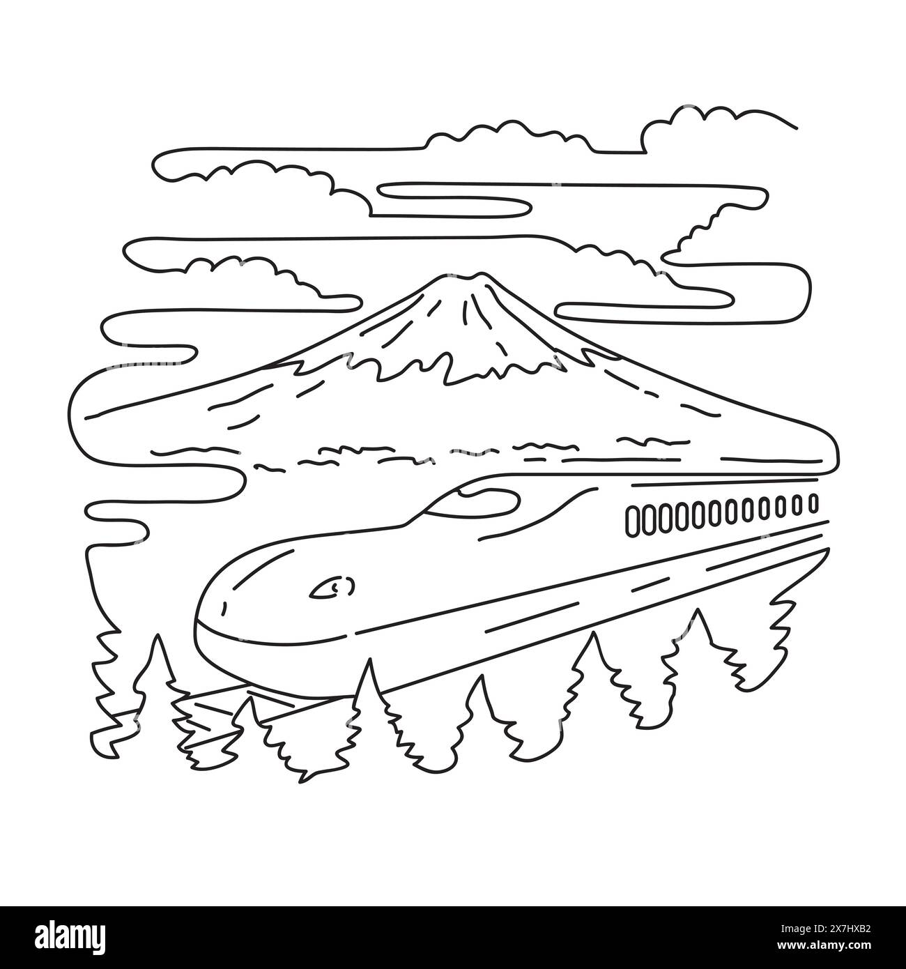 Illustrazione mono line del Monte Fuji e del treno proiettile Shinkansen sull'isola di Honshu all'interno del Parco Nazionale Fuji-Hakone-Izu in Giappone fatto in monolina Illustrazione Vettoriale