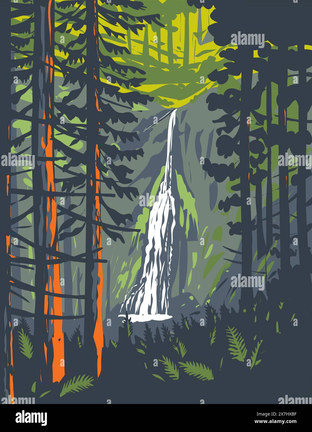 Poster art WPA delle Marymere Falls, situato nell'Olympic National Park vicino al lago Crescent nello Stato di Washington, Stati Uniti d'America, realizzato in Works Proje Illustrazione Vettoriale