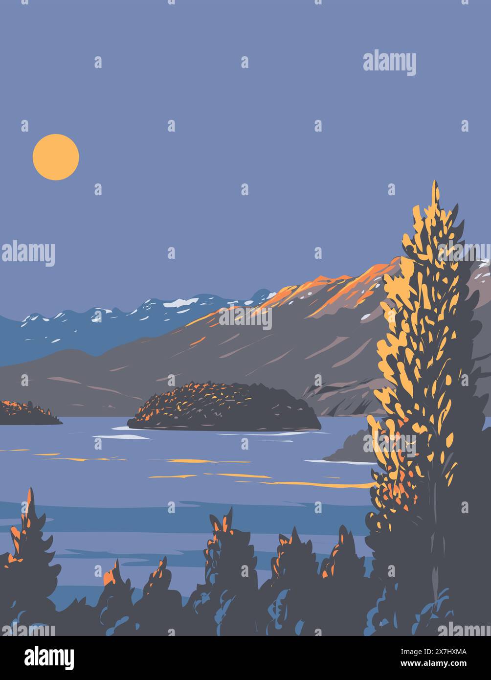 WPA poster art del Lago Nahuel Huapi o Lago Nahuel Huapi, un lago andino nel nord della Patagonia in Argentina fatto nell'amministrazione di progetti di opere o A Illustrazione Vettoriale