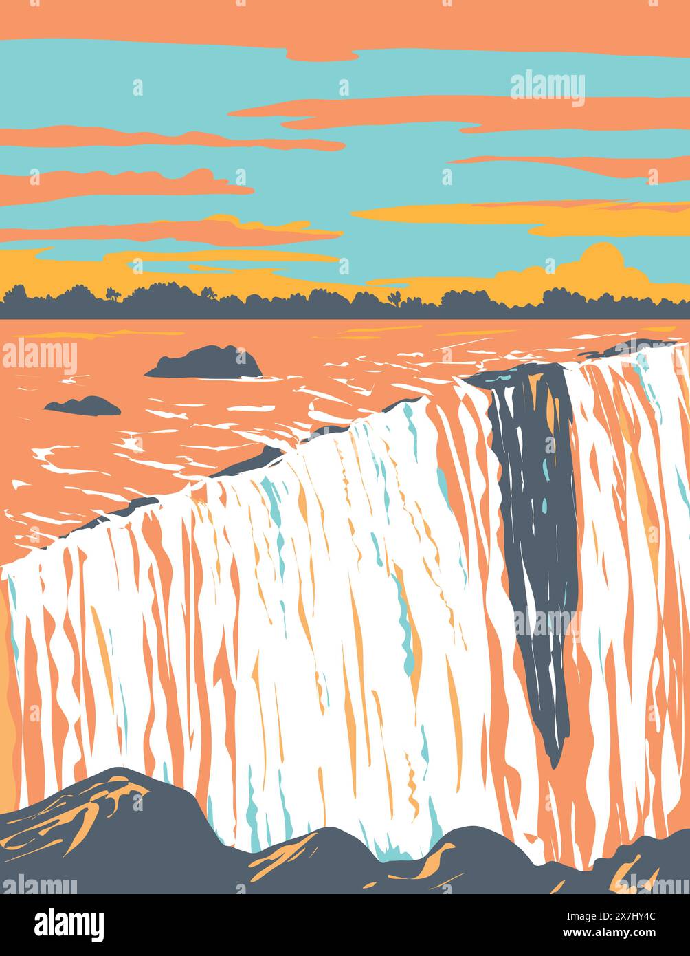 WPA poster art delle Cascate Vittoria del fiume Zambesi, confine tra Zambia e Zimbabwe nell'Africa meridionale fatto nell'amministrazione dei progetti Illustrazione Vettoriale