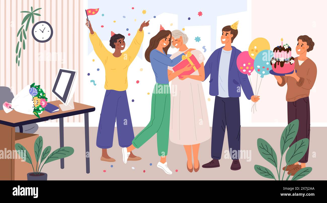 La famiglia celebra l'anniversario della mamma. Auguri di buon compleanno. I bambini adulti donano regali ai genitori. Festa di congratulazioni per le vacanze. Coriandoli e palloncini. FES Illustrazione Vettoriale