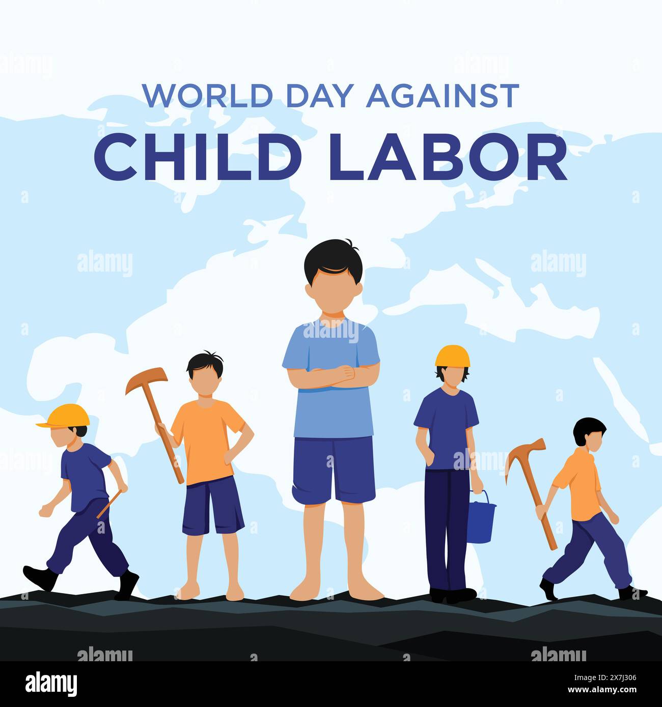 Illustrazione vettoriale giornata mondiale contro il lavoro infantile. Abbattiamo il lavoro minorile. Ragazzi che lavorano. Isolamento su sfondo mappa mondo chiaro. fermare il lavoro minorile Illustrazione Vettoriale