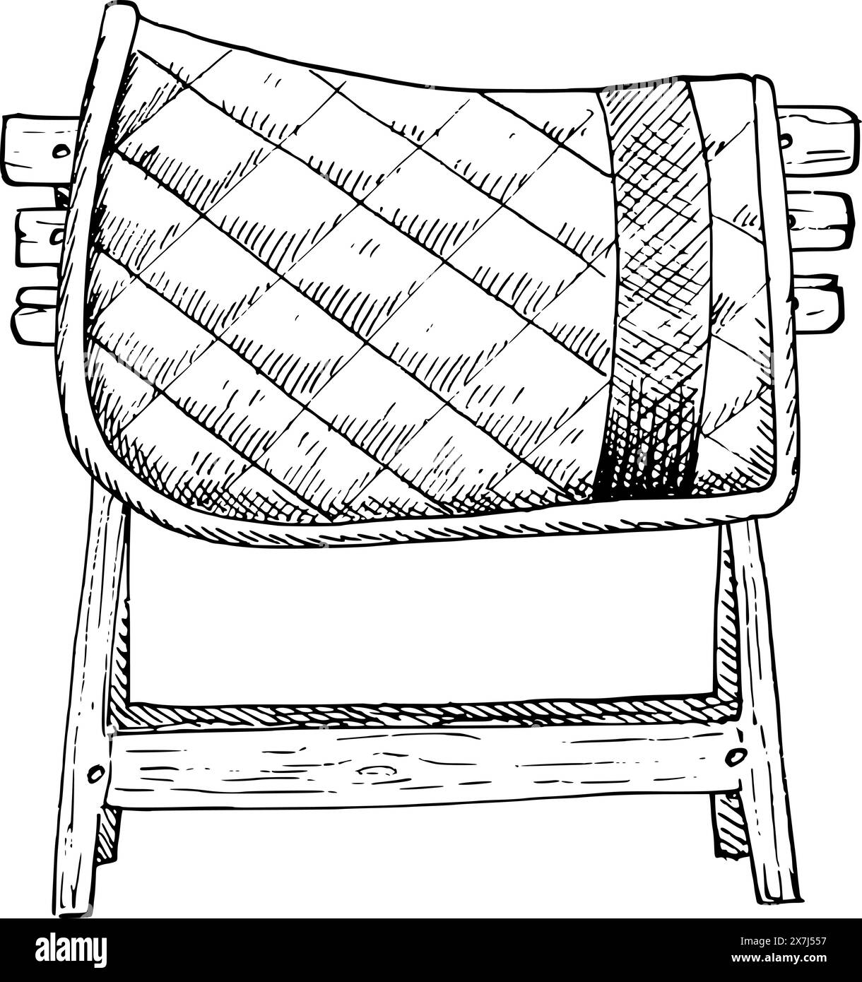 Illustrazione grafica vettoriale del sottosella su un supporto in legno. Pittura a mano. Attrezzature per equitazione, per sport ippici, equitazione Illustrazione Vettoriale