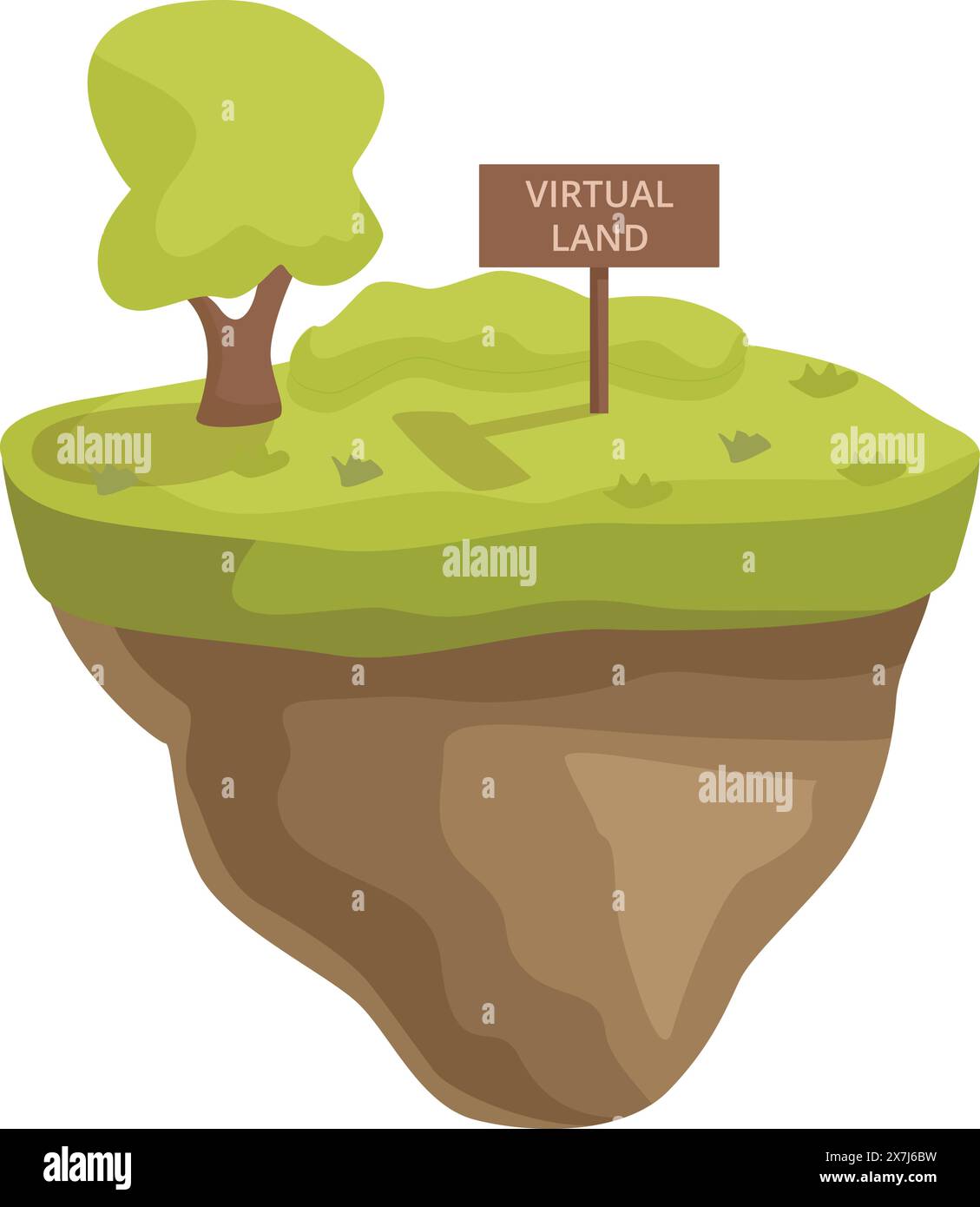Illustrazione digitale creativa di un'isola galleggiante con un segnale di terra virtuale, che simboleggia l'immobiliare online Illustrazione Vettoriale