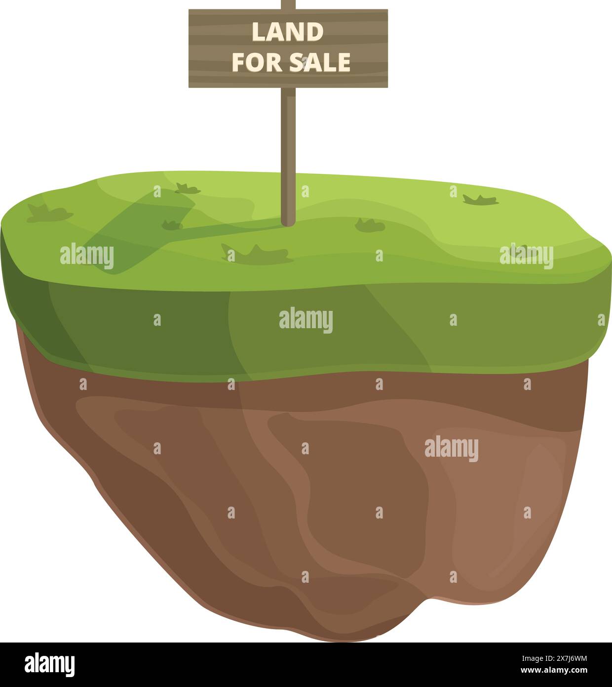 Grafica vettoriale di un segmento di terreno verde con un cartello di terreno in vendita, ideale per temi immobiliari Illustrazione Vettoriale