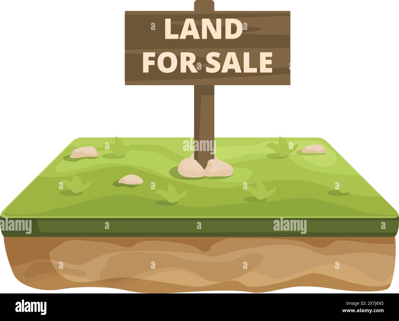 Illustrazione isometrica di un appezzamento di terreno erboso con un cartello di terreno in legno in vendita Illustrazione Vettoriale