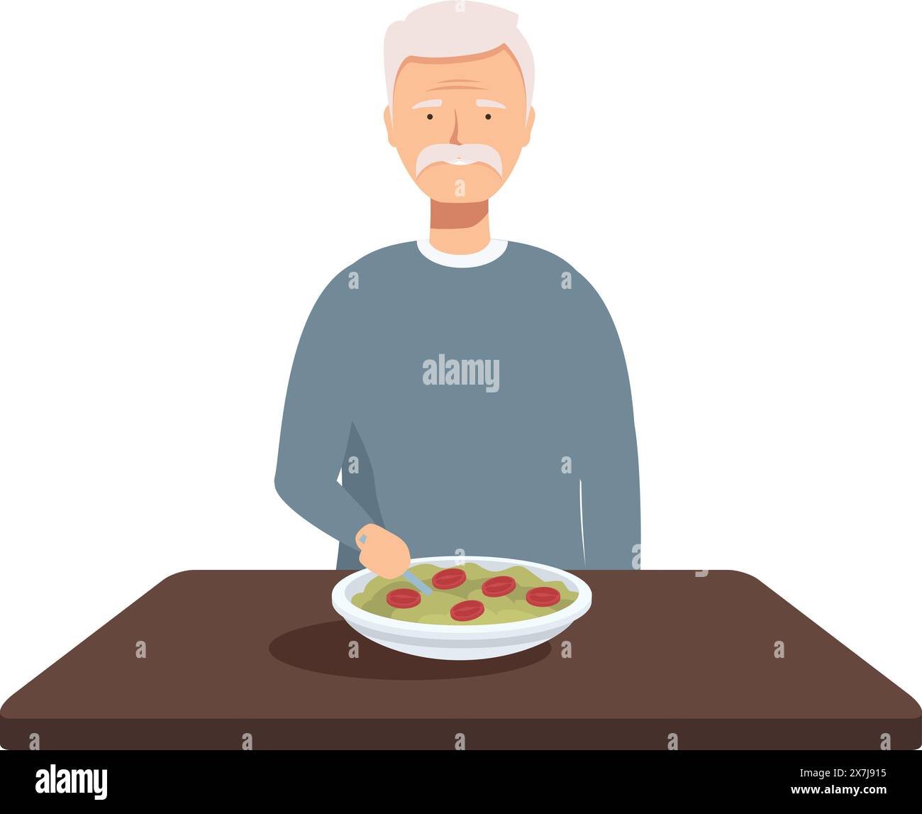 Uomo anziano con un piatto di cibo sano davanti a lui, seduto da solo a un tavolo Illustrazione Vettoriale