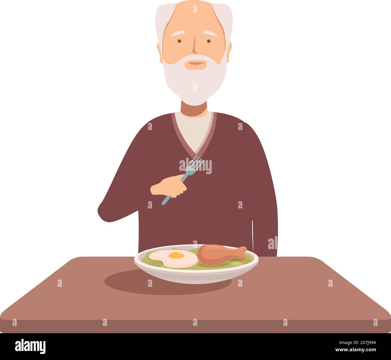 Illustrazione di un uomo anziano con una forchetta pronta a mangiare un piatto sano per la colazione Illustrazione Vettoriale
