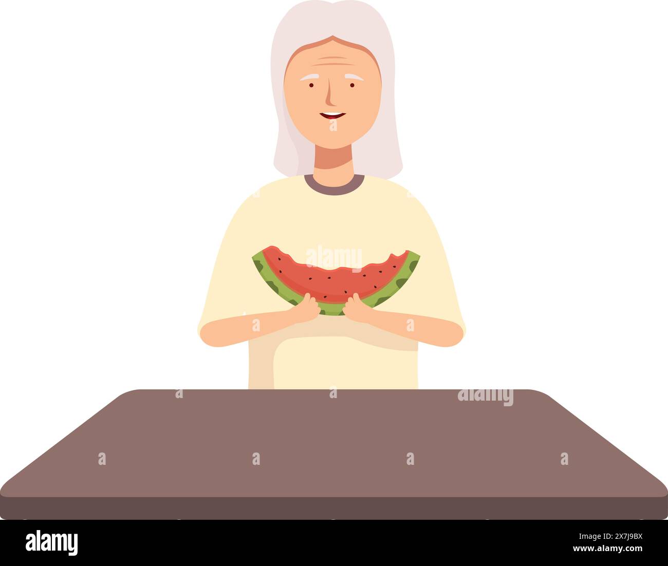 Donna sorridente con una fetta di anguria fresca, seduta a un semplice tavolo Illustrazione Vettoriale