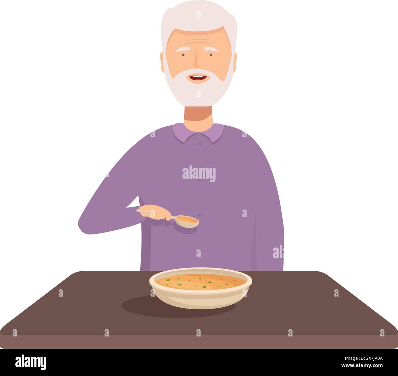 Anziano pensionato con capelli d'argento che si gusta una ciotola nutriente e fatta in casa di zuppa calda al tavolo della cena Illustrazione Vettoriale