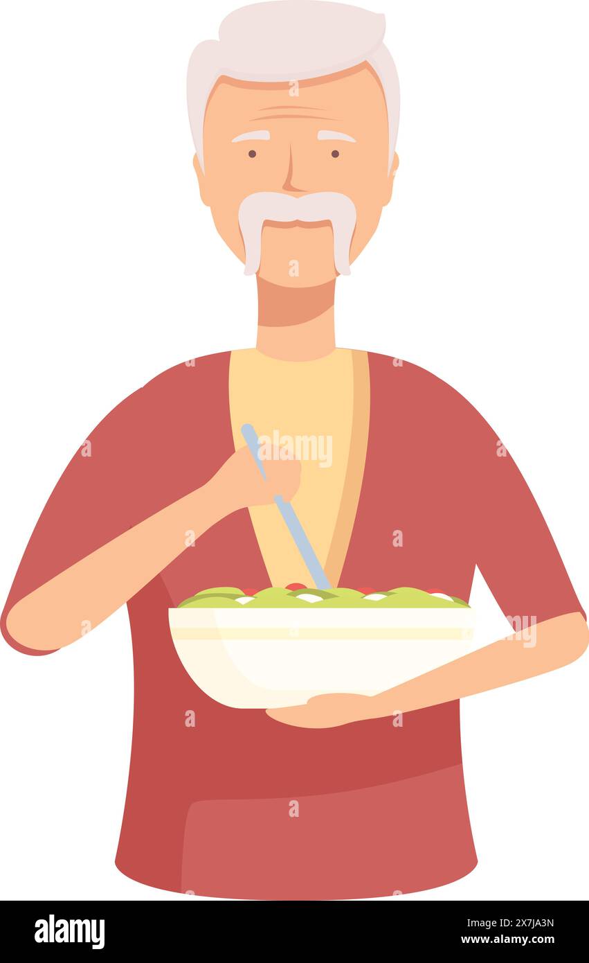 Illustrazione di un uomo anziano con una barba che mangiano felicemente una sana ciotola di insalata Illustrazione Vettoriale