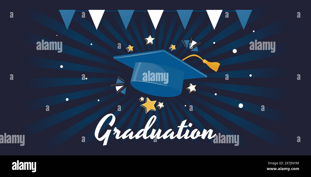 Sfondo blu graduato con cappuccio graduato, stelle, coriandoli, pennant garland. Per una cerimonia di congratulazioni ai laureati del liceo, all'università o Illustrazione Vettoriale