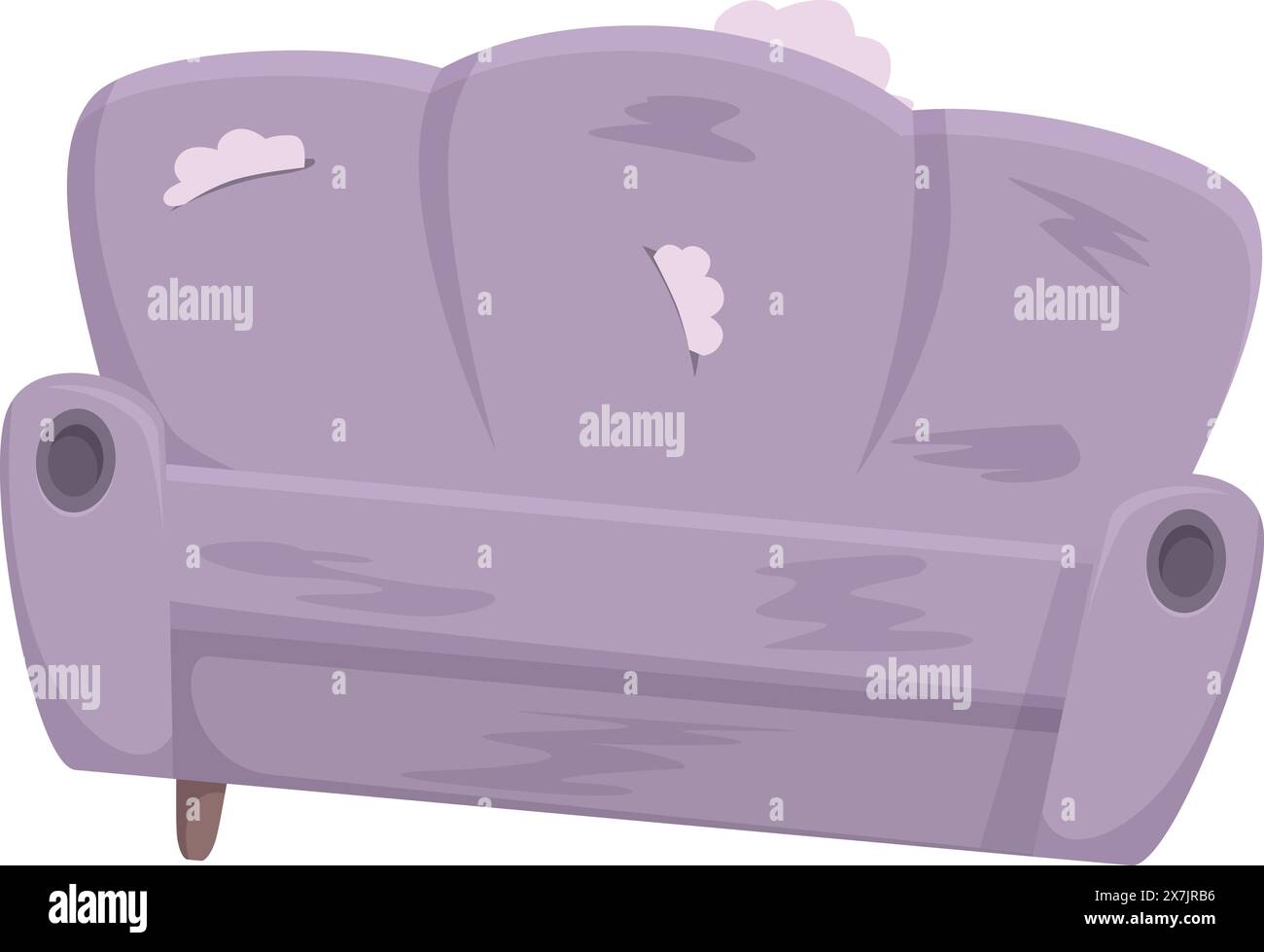 Immagine di un divano viola in un elegante interno del salotto con tappezzeria danneggiata, colore sbiadito e tessuto strappato, da sostituire Illustrazione Vettoriale