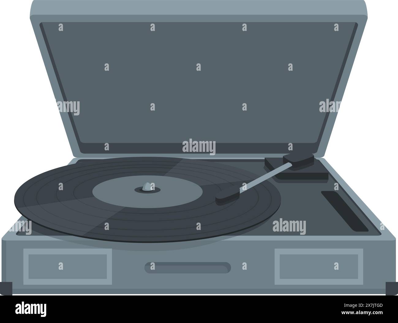 Illustrazione a cartoni animati ispirata a VintageMove di un lettore di dischi stereo in vinile minimalista con giradischi, perfetto per gli amanti della musica e dell'intrattenimento rétro Illustrazione Vettoriale