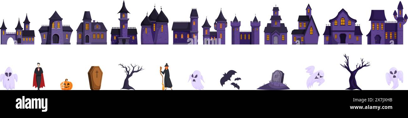 Vecchio castello fantasmi vettore. Una fila di case con un tema di Halloween. Le case sono decorate con fantasmi, streghe e zucche Illustrazione Vettoriale