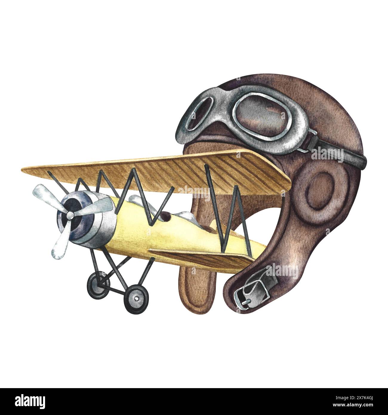 Aeroplano retrò d'epoca, vecchio casco da pilota. Un'illustrazione fatta a mano in acquerello. Aereo di linea d'epoca che vola fuori dal casco del pilota. Per i badge, Foto Stock