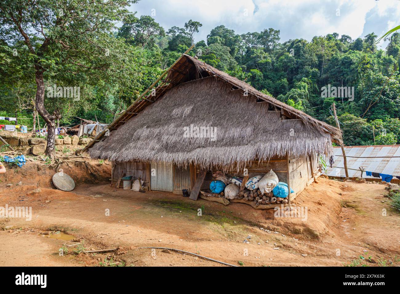 Tipica casa in legno con tetto di paglia in un villaggio di Lahu vicino a Lanjia Lodge a Chiang Khong nella provincia di Chiang Rai, nel nord della Thailandia Foto Stock