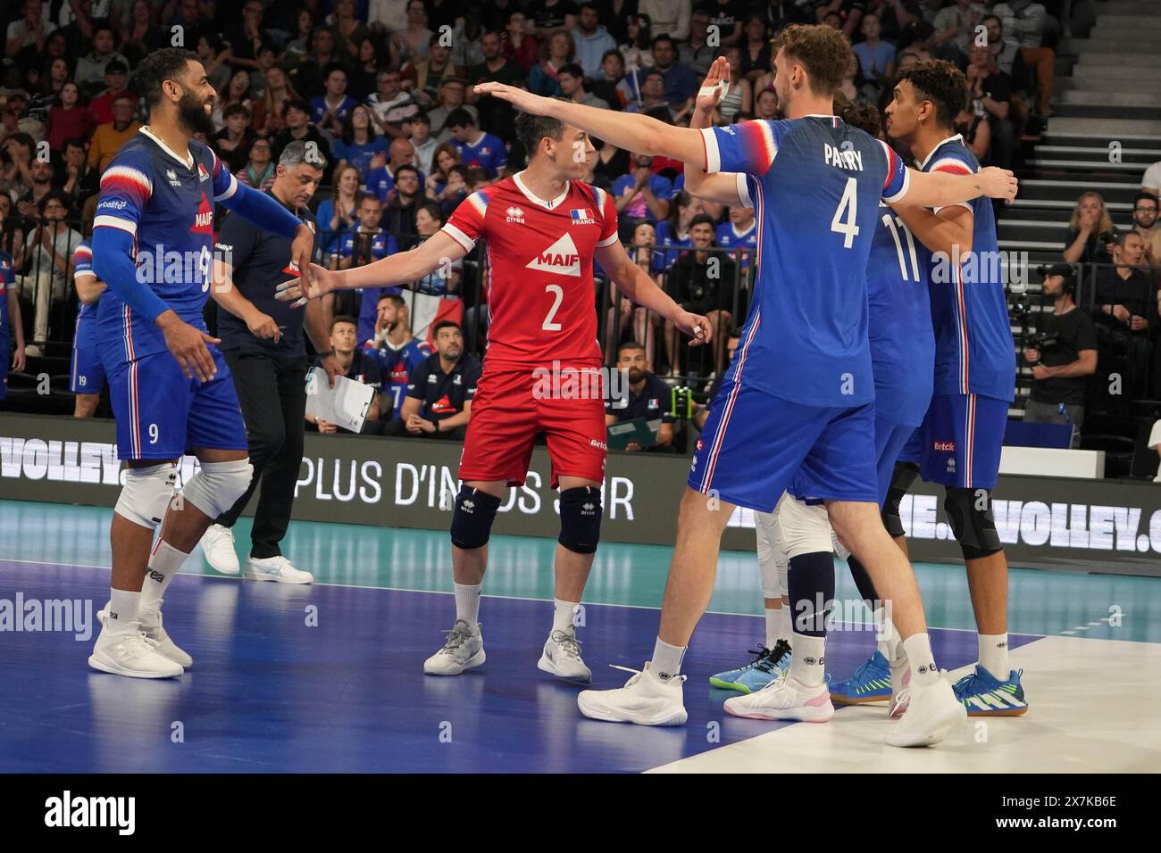 Earvin Ngapeth , Jénia Grebennikov , Barthélémy Chinenyeze , Jean Patry di Francia durante la partita amichevole internazionale di pallavolo tra Francia e Paesi Bassi del 18 maggio 2024 alla Co'Met Arena di Orléans, Francia - foto Laurent Lairys / DPPI Foto Stock