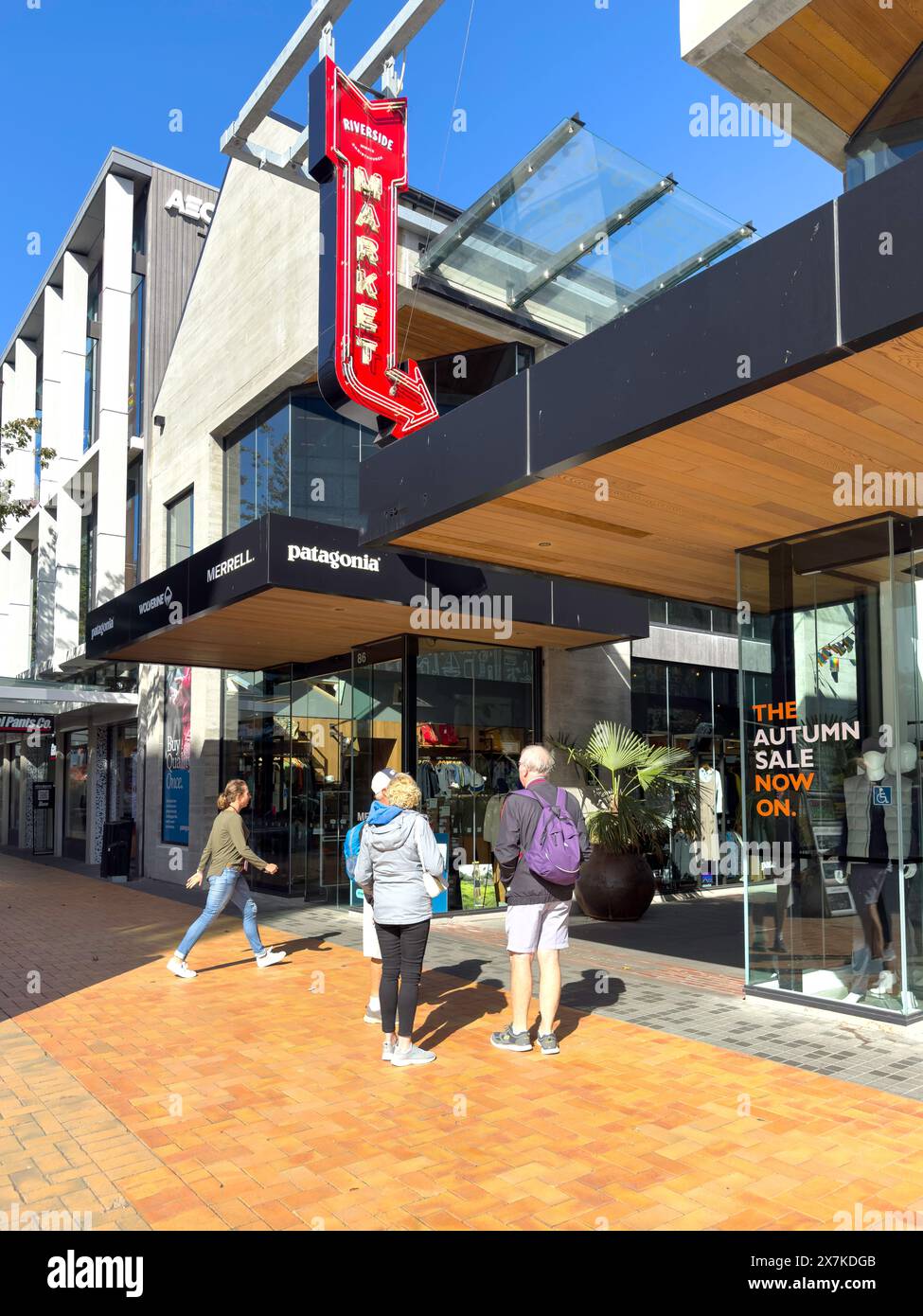 Cartello di ingresso al mercato alimentare Riverside, Cashel Street, Christchurch Central City, Christchurch (Ōtautahi), Canterbury, nuova Zelanda Foto Stock