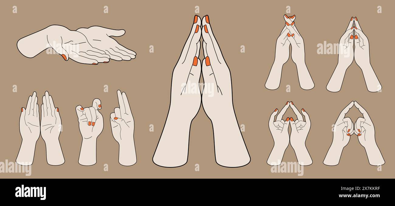 Un set di varie pose di mano in stile Ukiyo-e. Illustrazione Vettoriale