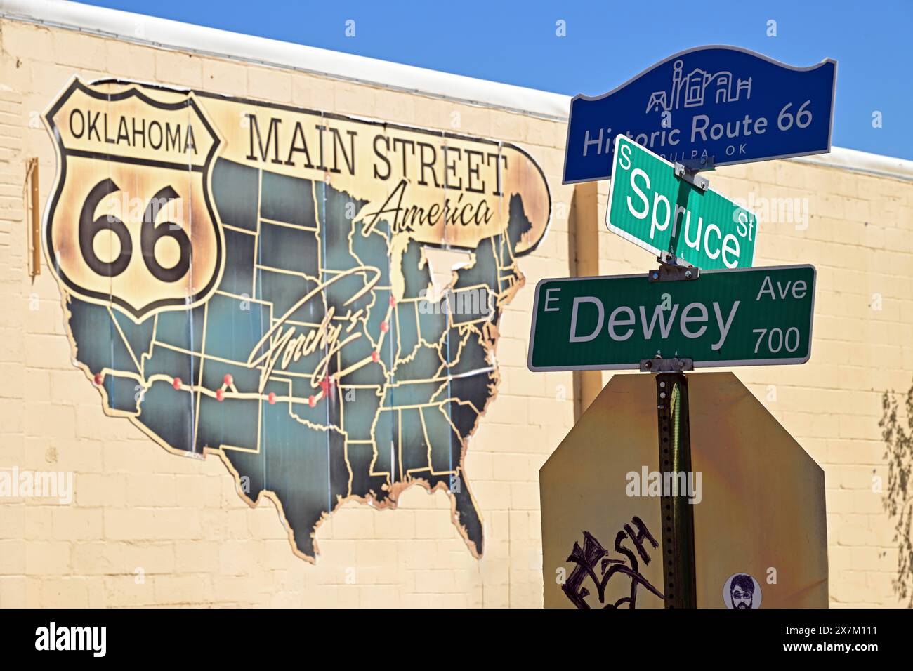 Cartello stradale con la mappa stradale sul muro di una casa sulla Route 66, Tulsa Oklahoma Foto Stock