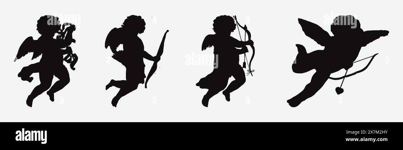 Cherub Cupid Angelo silhouette di San Valentino Vector set di adorabili icone d'amore romantiche Illustrazione Vettoriale