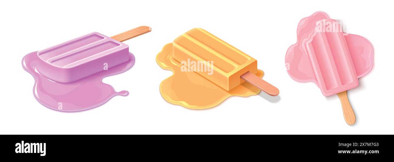 Gelato per sciogliere isolato su sfondo bianco. Illustrazione vettoriale realistica di dolce viola, giallo, frutta rosa o dessert alla vaniglia su bastoncino di legno, menu del ristorante, elementi di design del negozio di alimentari Illustrazione Vettoriale