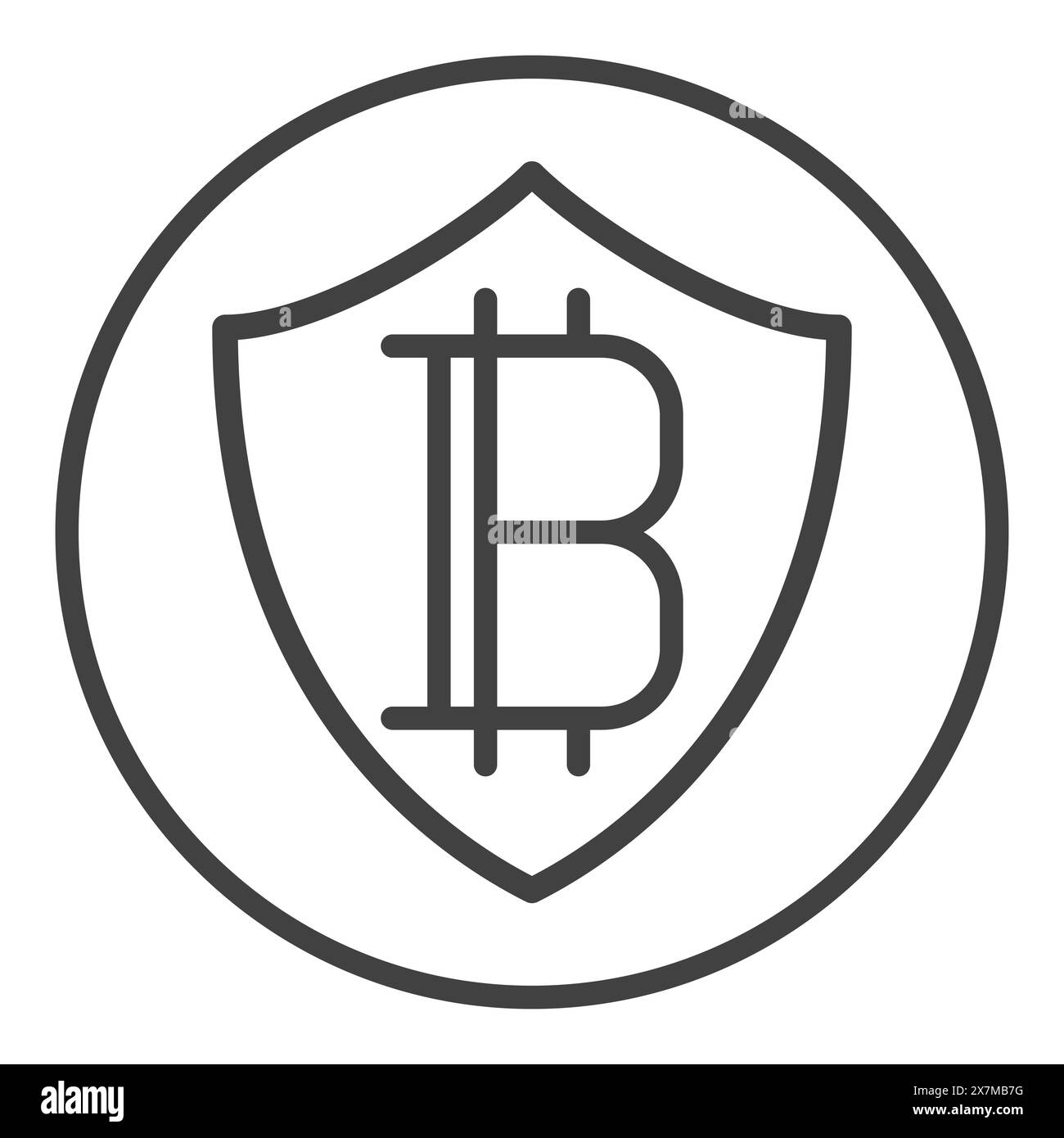 Scherma con l'icona lineare o il simbolo del concetto di protezione della criptovaluta vettoriale Bitcoin Illustrazione Vettoriale