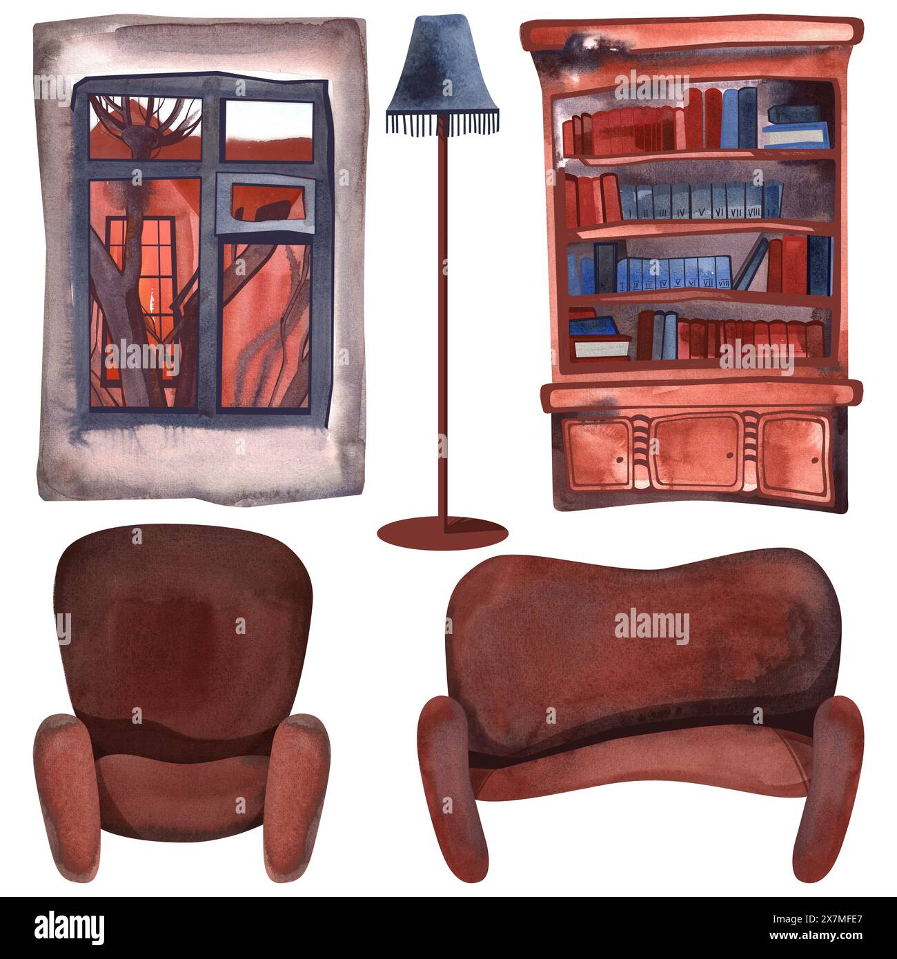 Set di oggetti per interni: Poltrona marrone vecchio stile e divano, libreria antica, piantana vintage. Finestra con un paesaggio molto bello. A. Foto Stock