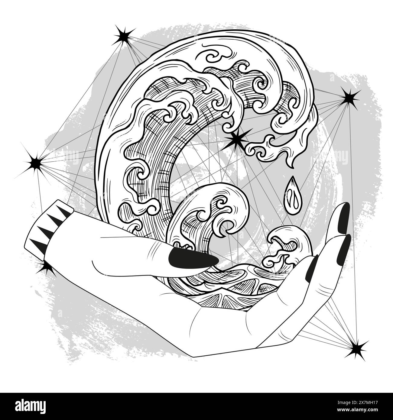 Illustrazione disegnata a mano con onde d'acqua e strani simboli mistici nelle mani di un indovino o di una strega. Design di tatuaggi, poster o altare, Illustrazione Vettoriale